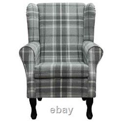 Wingback Fireside Armchair Chair in a Balmoral Dove Grey Check Tartan Fabric