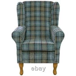 Wingback Fireside Armchair Chair in a Lana Blue Plaid Tartan Fabric LAN1256