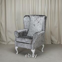 Wingback Fireside Armchair Chair in a Shimmer Steel Grey Crushed Velvet Fabric