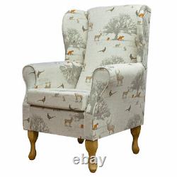 Wingback Fireside Armchair Chair in a Tatton Autumn Fox Stag Animal Print