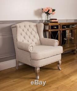 Wingback Fireside Armchair Nursing Queen Ann Oak Cream Linen Beige Upholstered