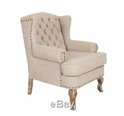 Wingback Fireside Armchair Nursing Queen Ann Oak Cream Linen Beige Upholstered