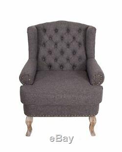 Wingback Fireside Armchair Nursing Queen Ann Oak Grey Linen Upholstered