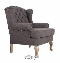 Wingback Fireside Armchair Nursing Queen Ann Oak Grey Linen Upholstered