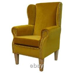 Wingback Fireside Armchair Studded Handmade Chair in Malta Gold Velvet Fabric