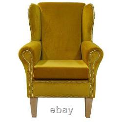 Wingback Fireside Armchair Studded Handmade Chair in Malta Gold Velvet Fabric