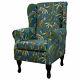 Wingback Fireside Armchair In Monkey Teal Blue Tropical 100% Cotton Print Fabric