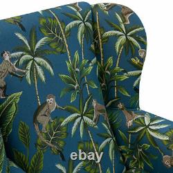 Wingback Fireside Armchair in Monkey Teal Blue Tropical 100% Cotton Print Fabric