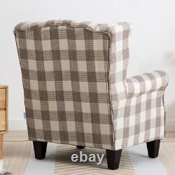 Wingback Fireside Tub Chair Tartan Fabric Armchair Thick Cushioned Seat w Pillow
