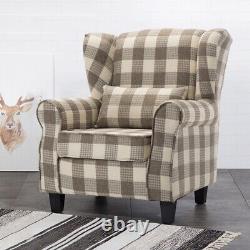 Wingback Fireside Tub Chair Tartan Fabric Armchair Thick Cushioned Seat w Pillow