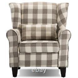 Wingback Fireside Tub Chair Tartan Fabric Armchair Thick Cushioned Seat w Pillow