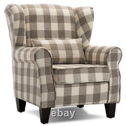 Wingback Fireside Tub Chair Tartan Fabric Armchair Thick Cushioned Seat w Pillow