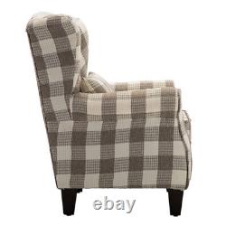Wingback Fireside Tub Chair Tartan Fabric Armchair Thick Cushioned Seat w Pillow