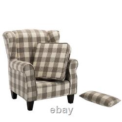 Wingback Fireside Tub Chair Tartan Fabric Armchair Thick Cushioned Seat w Pillow