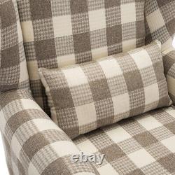 Wingback Fireside Tub Chair Tartan Fabric Armchair Thick Cushioned Seat w Pillow