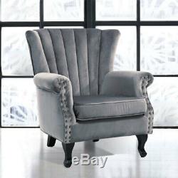 Wingback Fireside Velvet Fabric Armchair Retro Rivets Sofa Lounge Tub Chair Grey