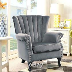 Wingback Fireside Velvet Fabric Armchair Retro Rivets Sofa Lounge Tub Chair Grey