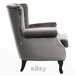 Wingback Fireside Velvet Fabric Armchair Retro Rivets Sofa Lounge Tub Chair Grey