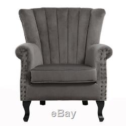 Wingback Fireside Velvet Fabric Armchair Retro Rivets Sofa Lounge Tub Chair Grey