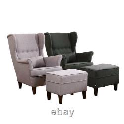 Wingback Linen Armchair and Footstool Chair Occasional Fireside Queen Anne Sofa