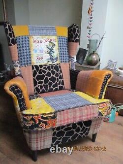 Wingback fireside statement chair patchwork featuring Mad Hatter