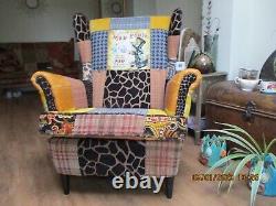 Wingback fireside statement chair patchwork featuring Mad Hatter