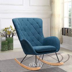 Wooden Upholstered Rocking Armchair Button Lounge Wing Back Chair Sofa Fireside