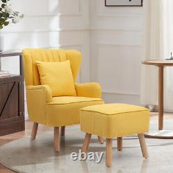 Yellow Fabric Armchair Wing Back Chair Shelled Fireside Single Sofa With Stool