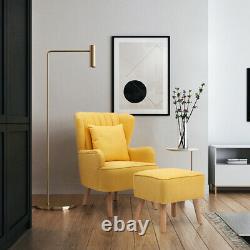 Yellow Fabric Armchair Wing Back Chair Shelled Fireside Single Sofa With Stool