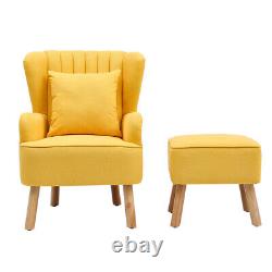 Yellow Fabric Armchair Wing Back Chair Shelled Fireside Single Sofa With Stool