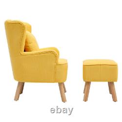 Yellow Fabric Armchair Wing Back Chair Shelled Fireside Single Sofa With Stool