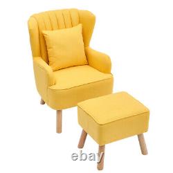 Yellow Fabric Armchair Wing Back Chair Shelled Fireside Single Sofa With Stool