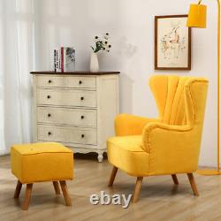 Yellow Fabric Winged Armchairs Fireside Reading Chair with Relaxing Footstool